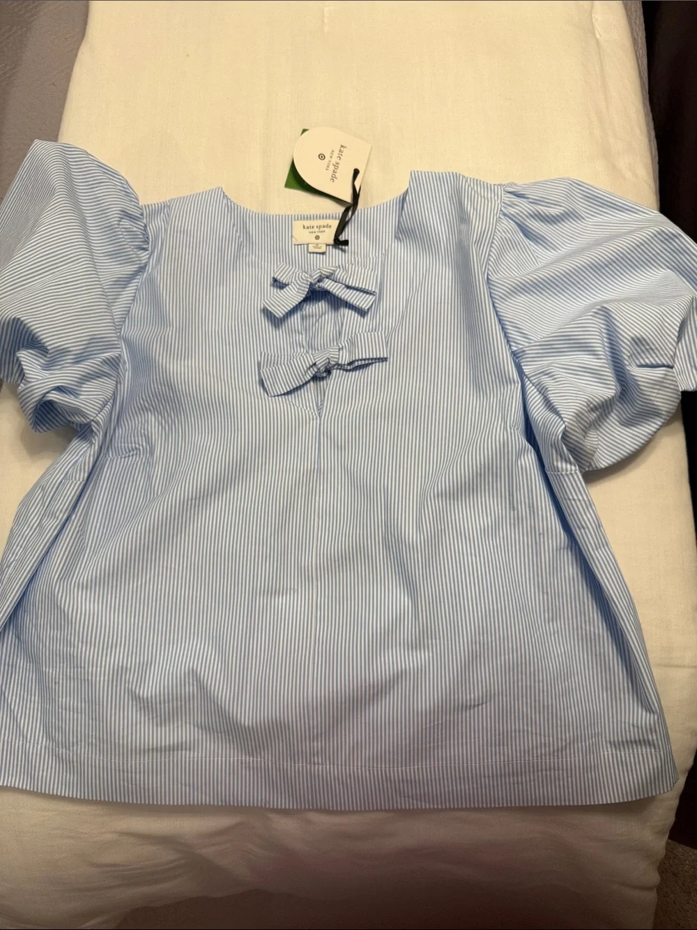 kate spade Blue & White Pinstripe Puff Sleeve Top with Front Bows XL